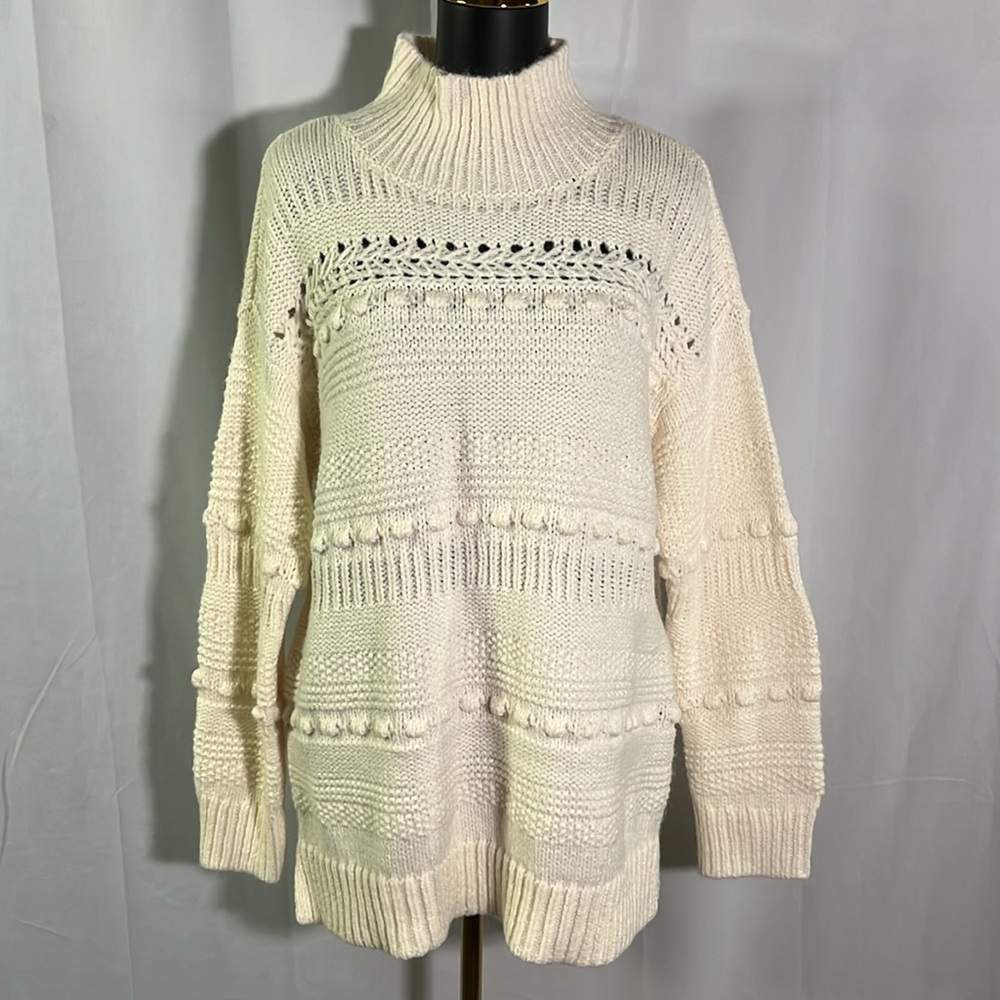 NWT Lou & Grey Ivory Chunky Pom Pom Bubble Knit Alpaca Blend Mock Neck Sweater